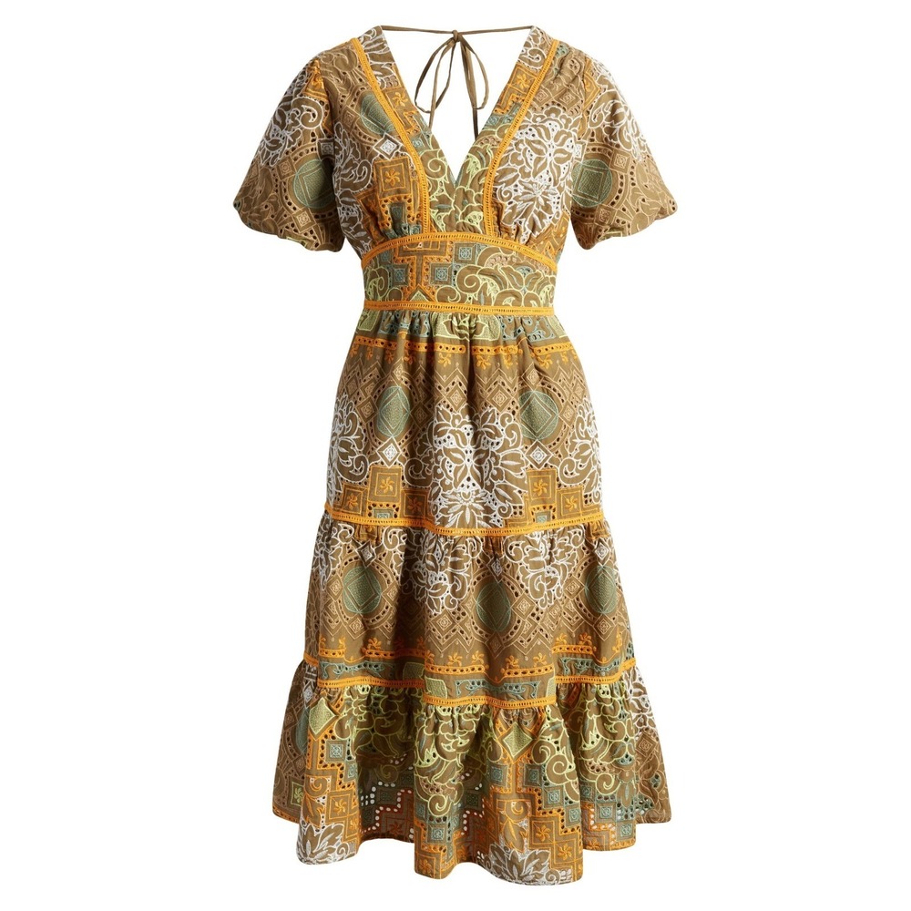 BTFL-life Women Olive Green Geometric Eyelet Tiered Midi Dress Open Back‎ Size L
